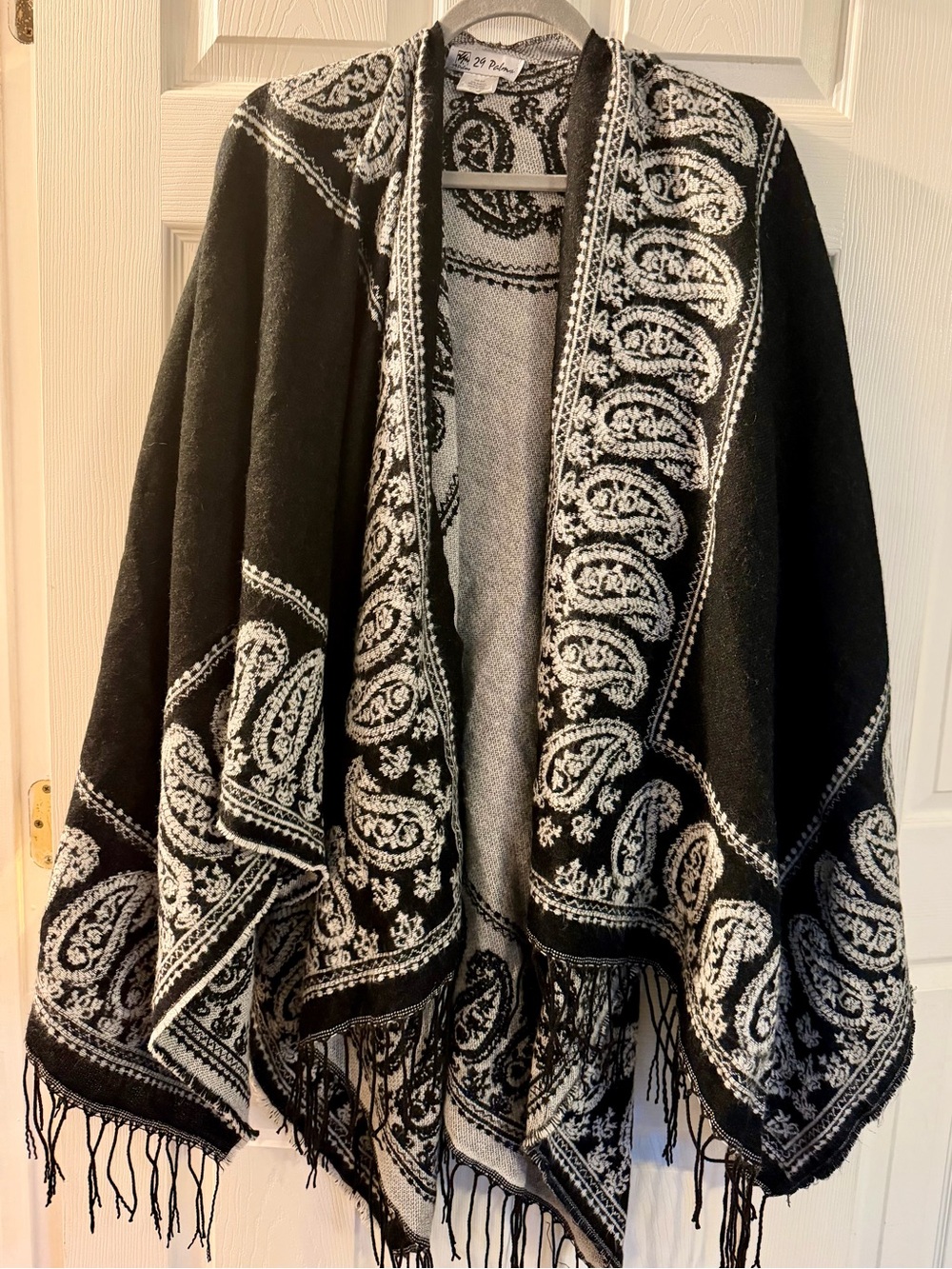 Black & White Paisley Open-Front Shawl Poncho